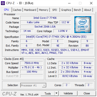 Intel Core i7-7740K разогнан до 7,5 ГГц